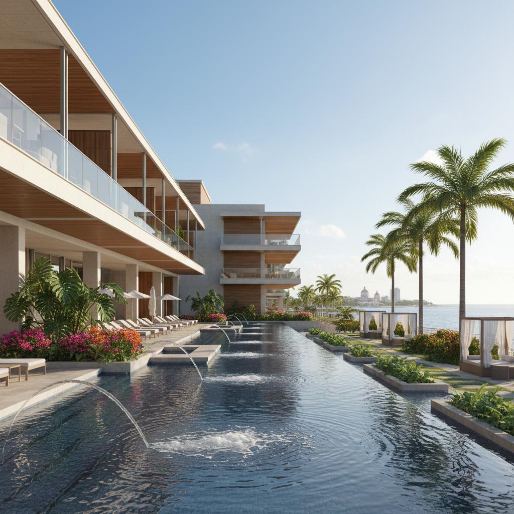 Contemporary resort exterior in Cartagena showcasing an infinity pool and elegant landscaping under natural light. Contemporary resort exterior in Cartagena showcasing an infinity pool and elegant landscaping under natural light.