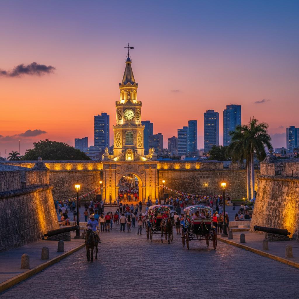 Cultural landmark in Cartagena against a stunningly lit background, representing the city's rich history and vibrant culture. Cultural landmark in Cartagena against a stunningly lit background, representing the city's rich history and vibrant culture.