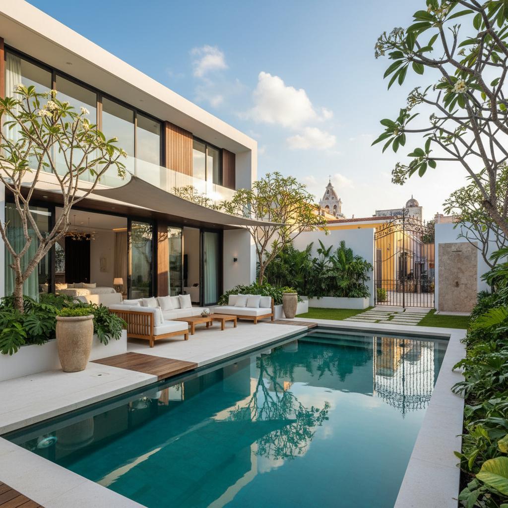 Private courtyard of a luxury Cartagena villa featuring a turquoise pool, blending modern design with tropical aesthetics. Private courtyard of a luxury Cartagena villa featuring a turquoise pool, blending modern design with tropical aesthetics.