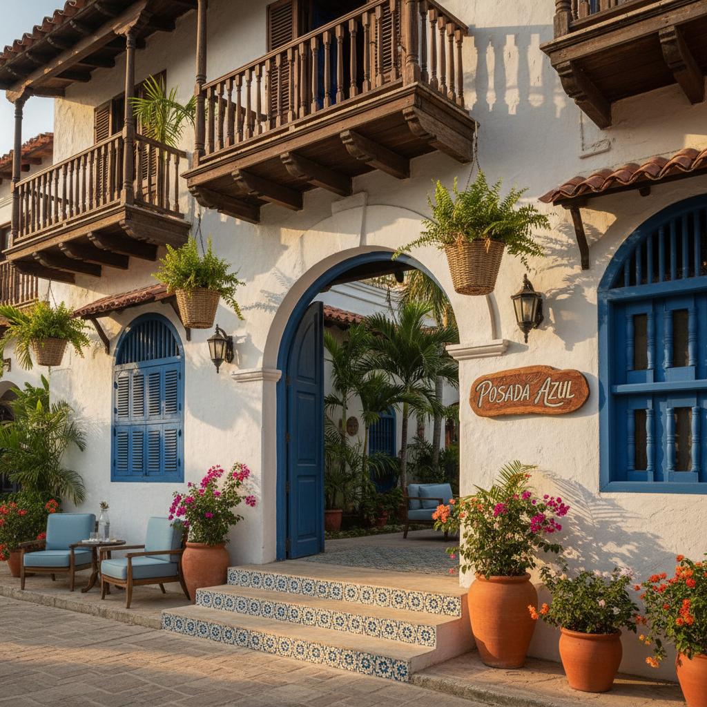 Charming entrance of a boutique resort in Cartagena with traditional architecture and blue accents, enhancing a welcoming vibe. Charming entrance of a boutique resort in Cartagena with traditional architecture and blue accents, enhancing a welcoming vibe.