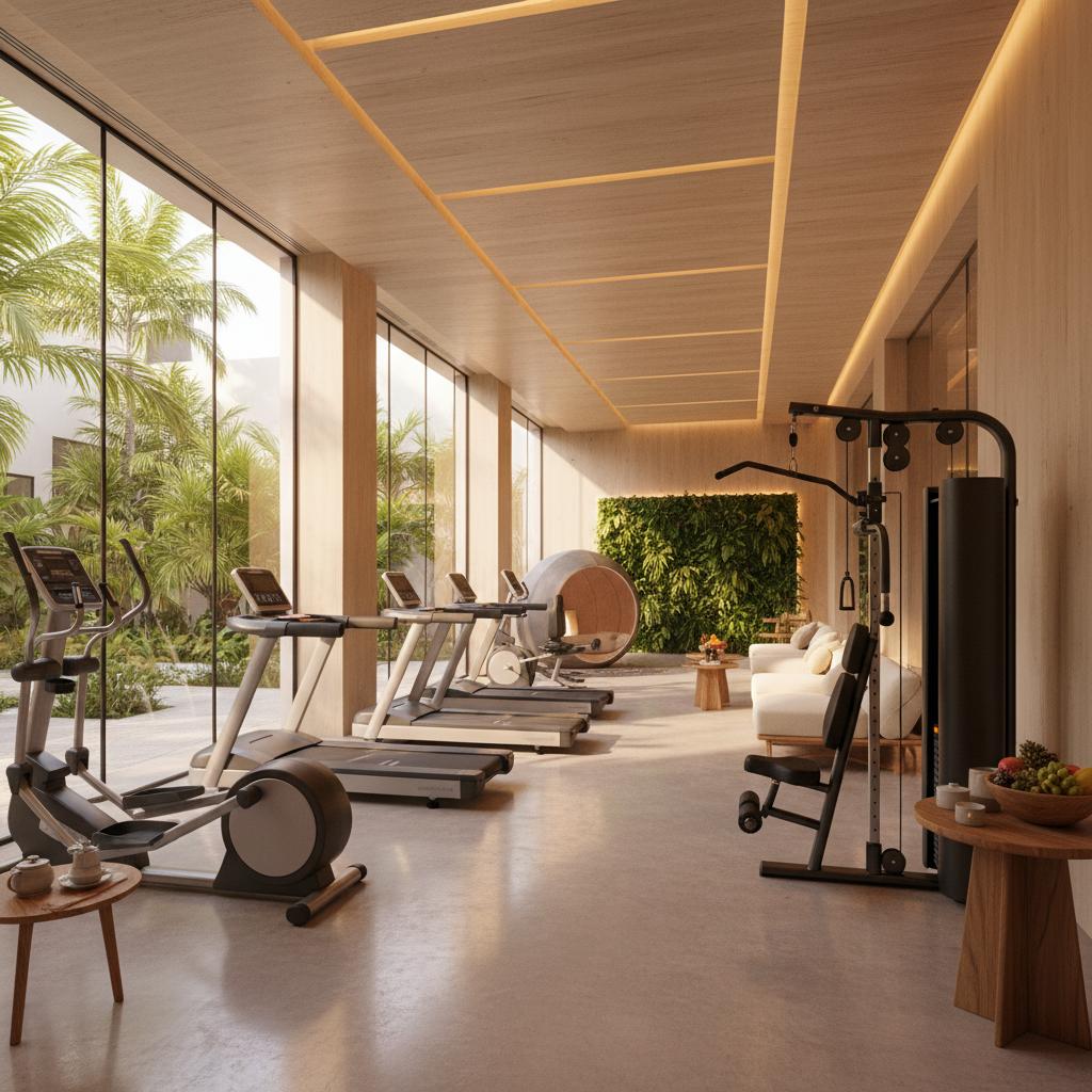 Modern wellness center in Cartagena hotel, filled with natural light and featuring state-of-the-art fitness equipment for relaxation. Modern wellness center in Cartagena hotel, filled with natural light and featuring state-of-the-art fitness equipment for relaxation.