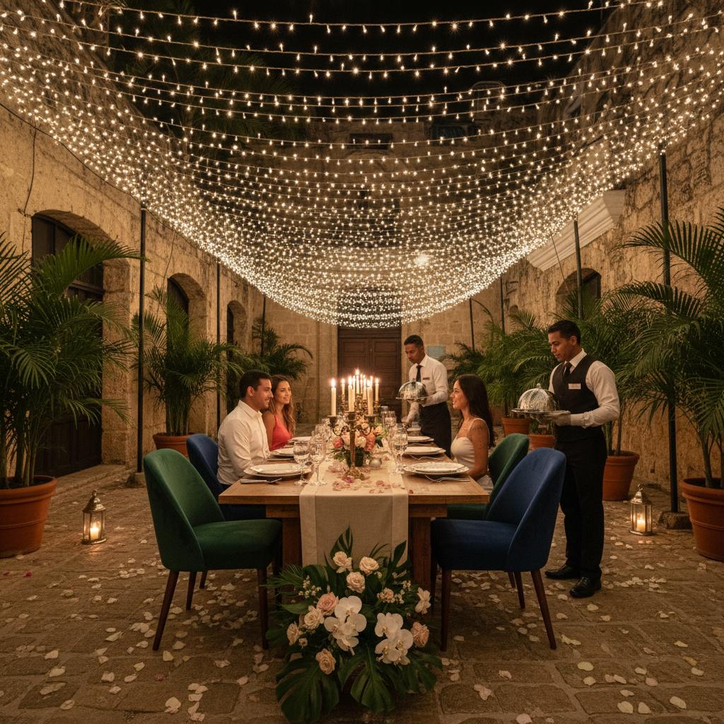 Elegant private dining setup under twinkling lights in Cartagena, capturing a luxurious atmosphere for an intimate guest experience. Elegant private dining setup under twinkling lights in Cartagena, capturing a luxurious atmosphere for an intimate guest experience.