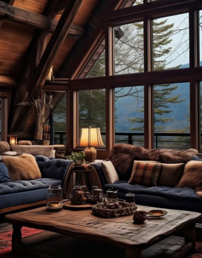 The living room or social space in a high-end Cataloochee cabin with mountain views