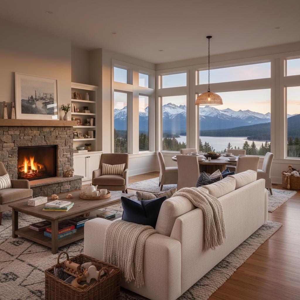 Family-friendly vacation home interior with cozy lighting, soft textiles, and scenic mountain views from large windows, offering sophistication.