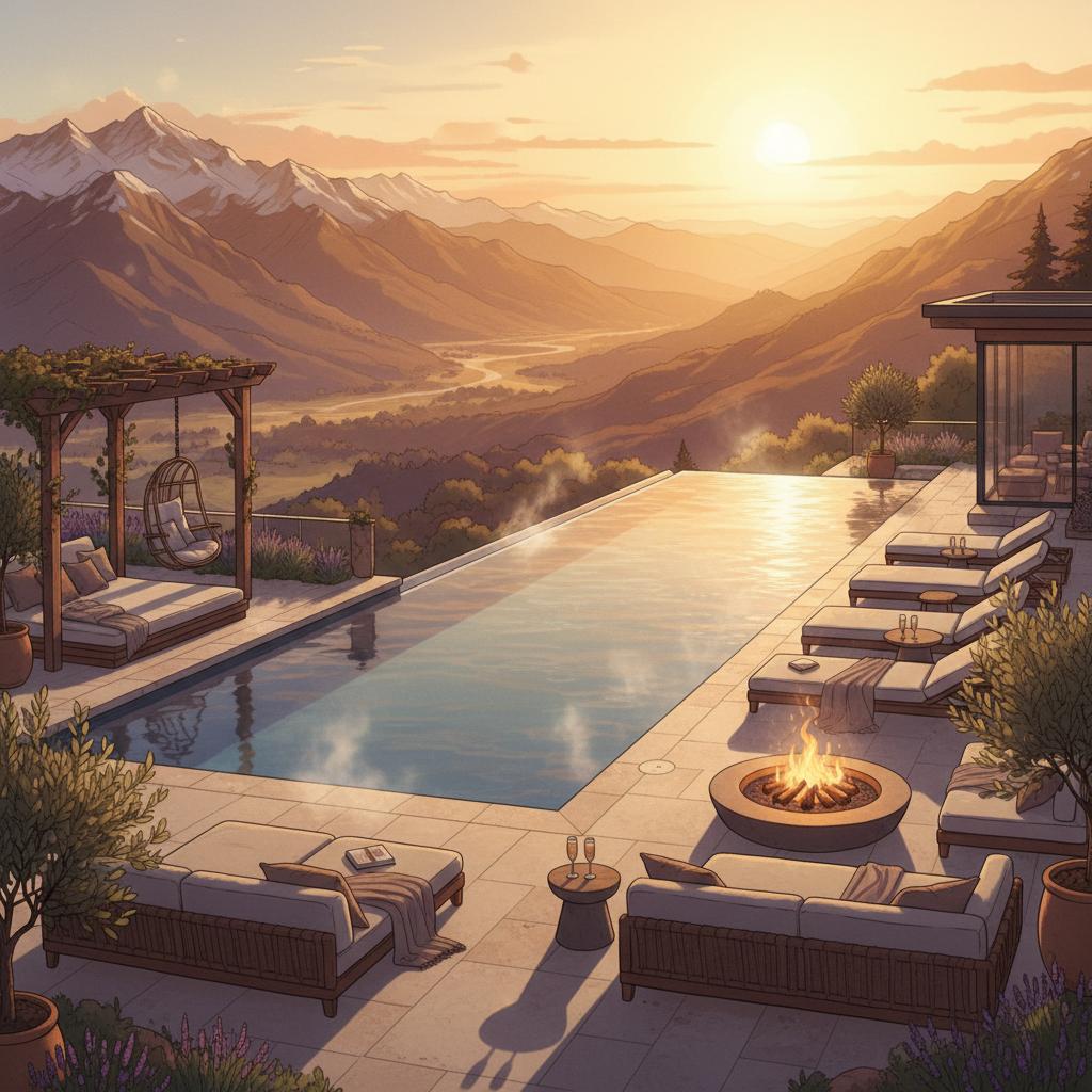 Heated infinity pool in a luxurious outdoor space with panoramic views of the Colorado mountains, bathed in golden hour light for relaxation.
