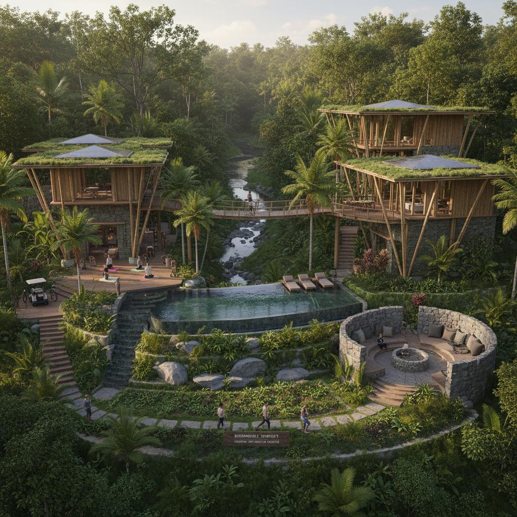 Eco-friendly luxury resort with abundant greenery, emphasizing harmony with nature and responsible travel in a serene setting. Eco-friendly luxury resort with abundant greenery, emphasizing harmony with nature and responsible travel in a serene setting.