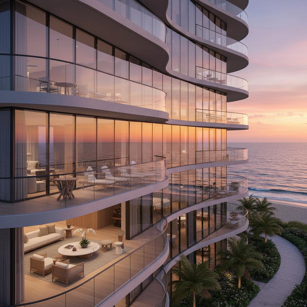 Beachside condo with panoramic ocean views, sunset reflections in floor-to-ceiling windows, offering a sophisticated coastal ambiance. Beachside condo with panoramic ocean views, sunset reflections in floor-to-ceiling windows, offering a sophisticated coastal ambiance.