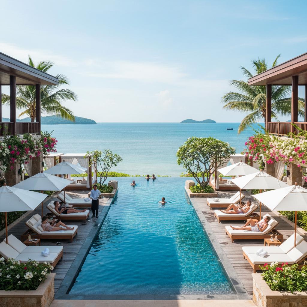 Infinity pool at a luxury resort with ocean views, surrounded by lush landscaping and sun loungers, ideal for a serene getaway. Infinity pool at a luxury resort with ocean views, surrounded by lush landscaping and sun loungers, ideal for a serene getaway.
