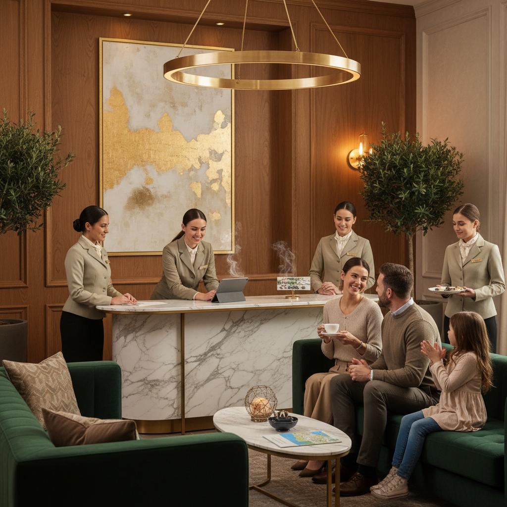Chic reception area with attentive staff providing personalized service, embodying warm hospitality and luxury for guests. Chic reception area with attentive staff providing personalized service, embodying warm hospitality and luxury for guests.