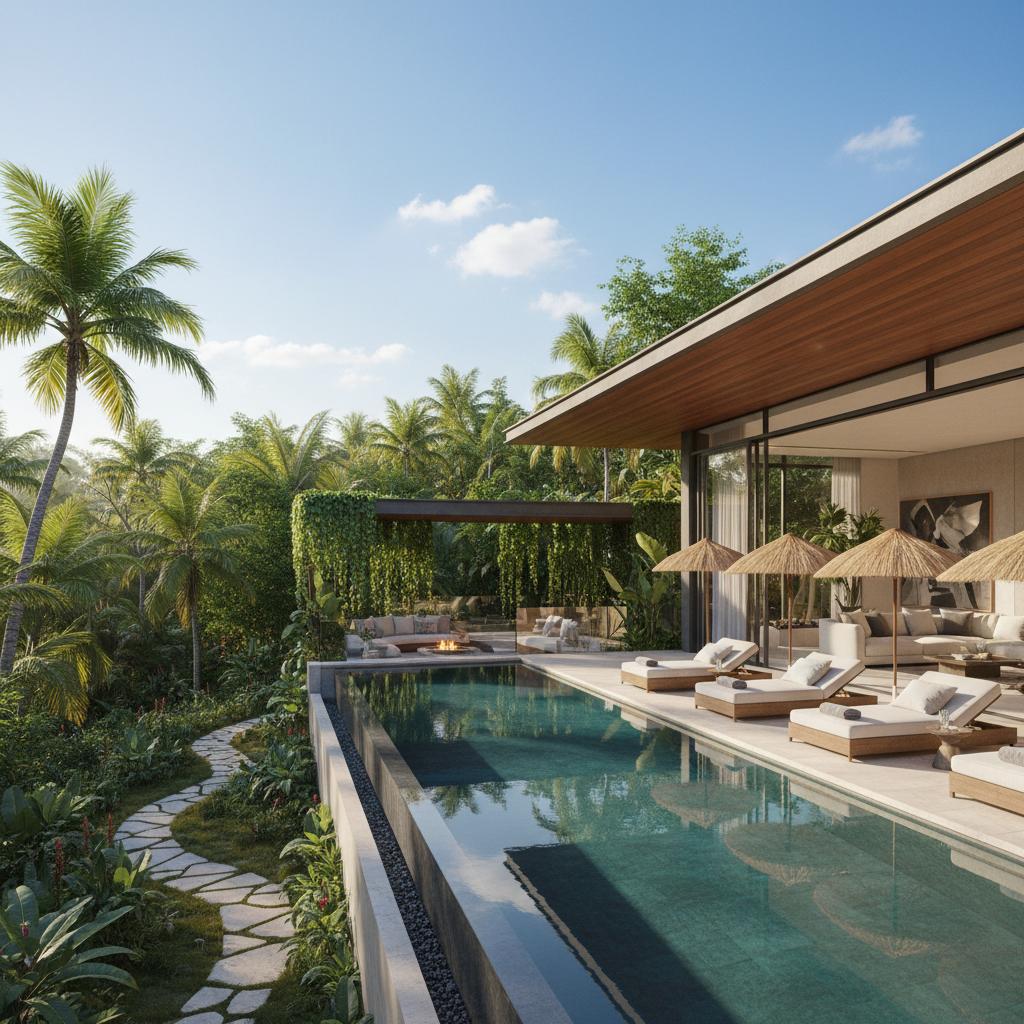 Modern luxury villa with a private pool in a tropical setting, showcasing upscale vacation rental elegance amidst lush surroundings. Modern luxury villa with a private pool in a tropical setting, showcasing upscale vacation rental elegance amidst lush surroundings.