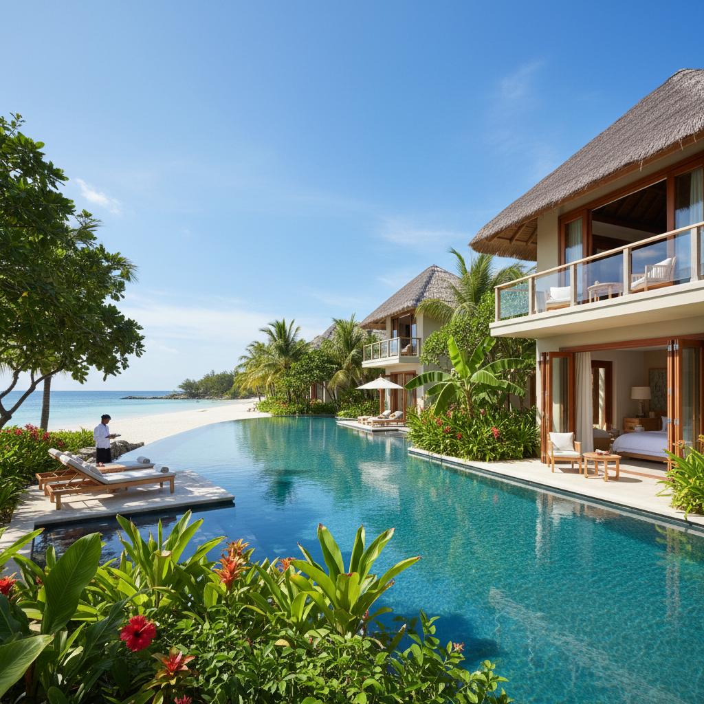 Stunning resort exterior with an infinity pool surrounded by tropical plants, highlighting premium beachfront accommodations. Stunning resort exterior with an infinity pool surrounded by tropical plants, highlighting premium beachfront accommodations.