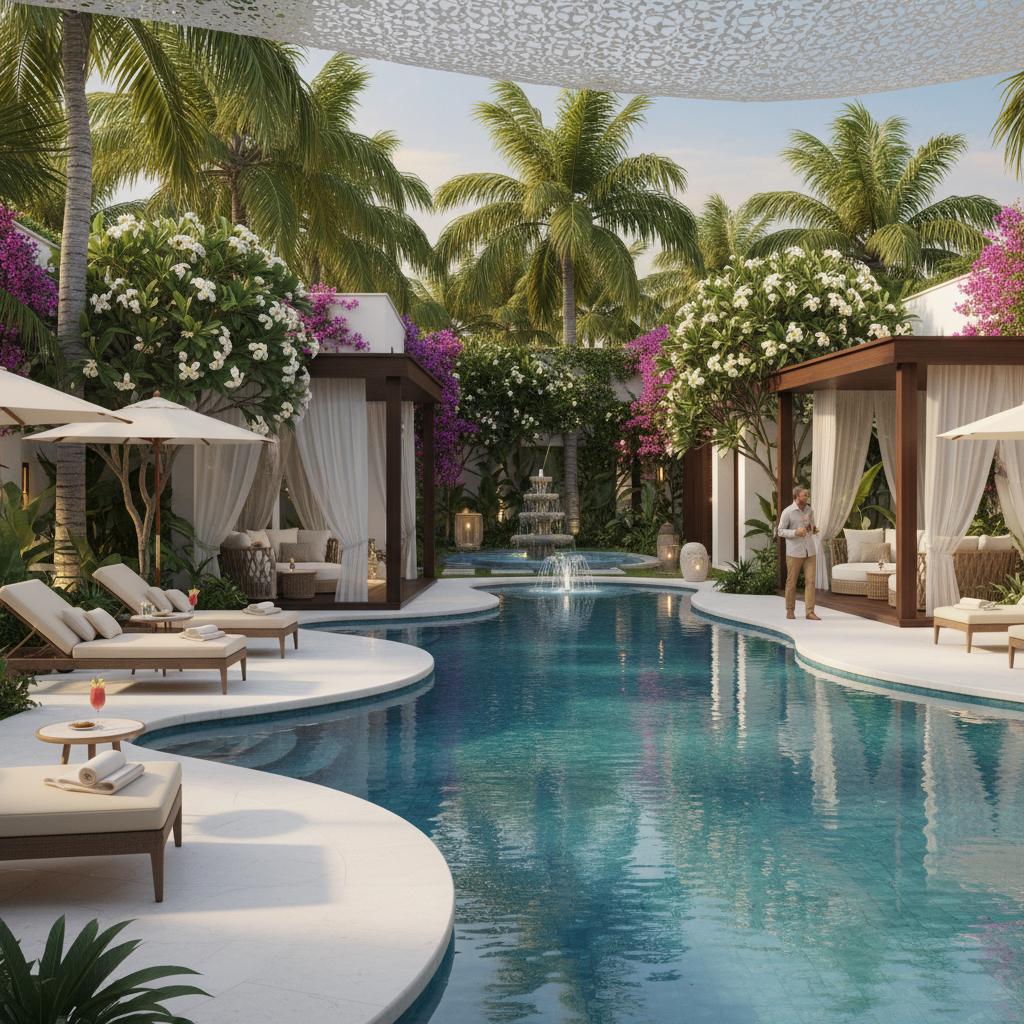 Exclusive resort courtyard with a turquoise pool and luxurious design, offering tranquility and elegance in a tropical setting. Exclusive resort courtyard with a turquoise pool and luxurious design, offering tranquility and elegance in a tropical setting.