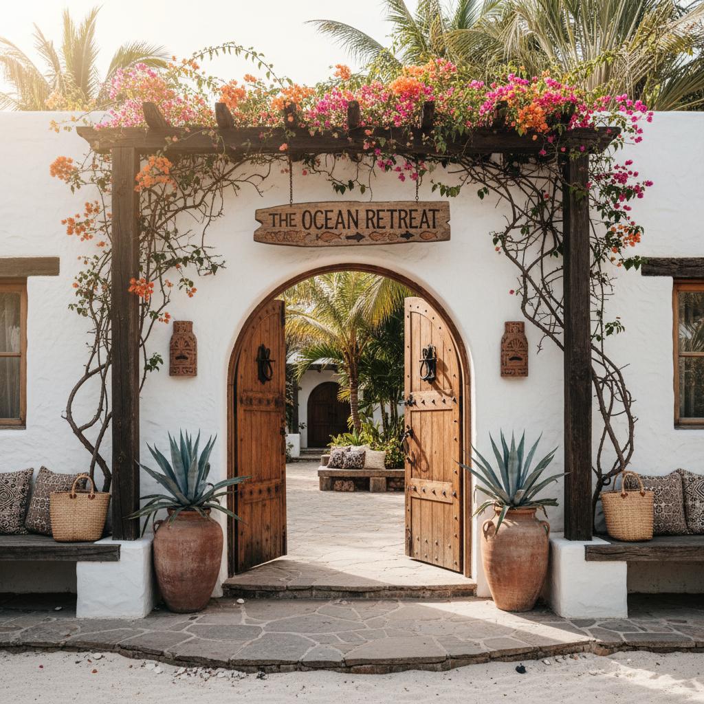 Charming boutique resort entrance with coastal architecture, creating a welcoming atmosphere ideal for memorable vacations. Charming boutique resort entrance with coastal architecture, creating a welcoming atmosphere ideal for memorable vacations.
