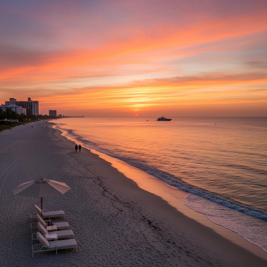 Delray Beach at sunrise with vibrant colors reflecting on the water, a stunning view for luxury vacation inspiration. Delray Beach at sunrise with vibrant colors reflecting on the water, a stunning view for luxury vacation inspiration.