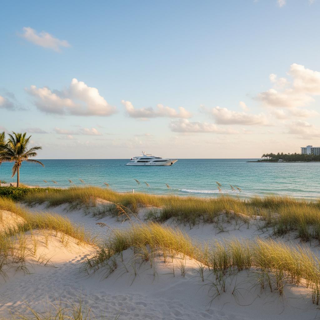 Boca Raton seascape with soft sand dunes and azure waters, a luxury yacht in the distance, perfect for beach getaway dreams. Boca Raton seascape with soft sand dunes and azure waters, a luxury yacht in the distance, perfect for beach getaway dreams.