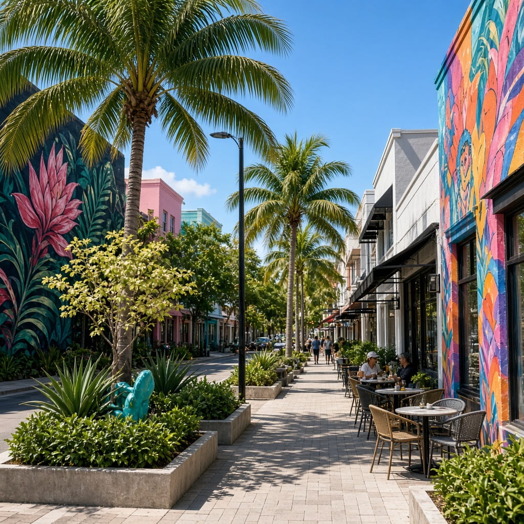 Charming coastal neighborhood under a blue sky featuring colorful homes, creating a warm and inviting vacation atmosphere. pineapple-grove-arts-district