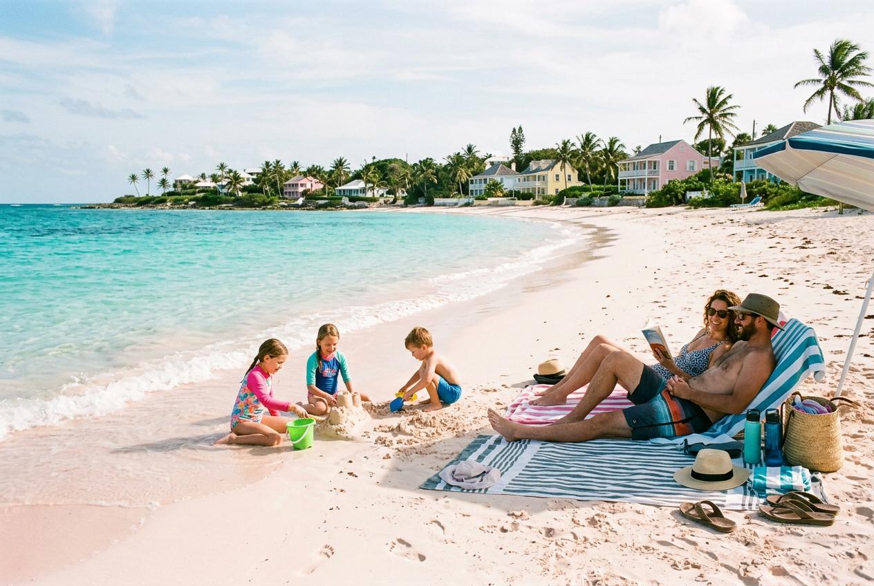 Family sunbathing on a serene beach near Dunmore Town, with turquoise waters gently lapping at the shore, promoting relaxation.