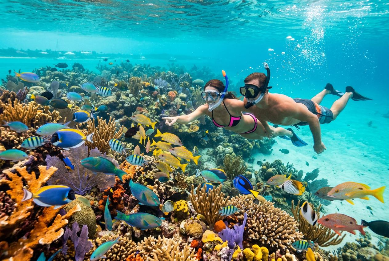 Couples snorkeling among vibrant coral reefs and colorful fish underwater near Harbour Island, showcasing marine life beauty.