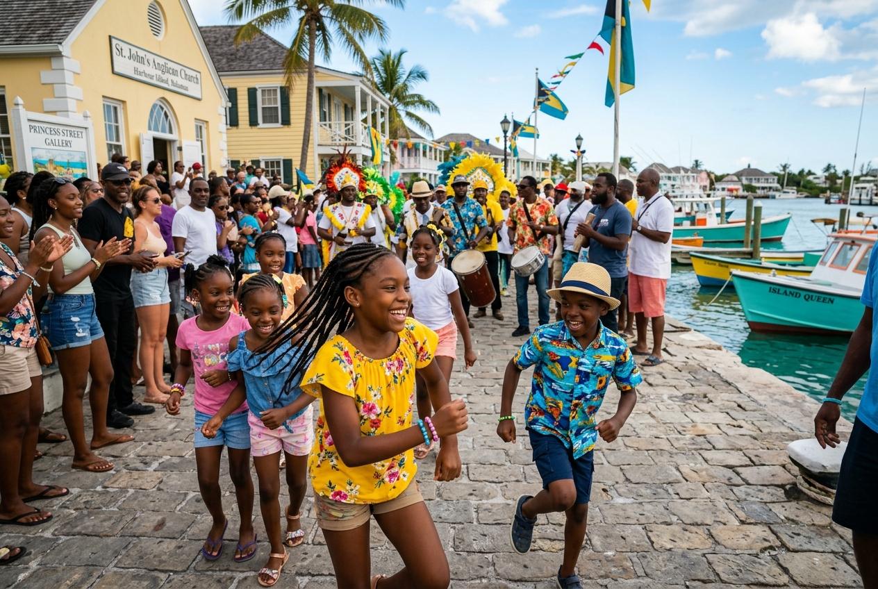 Children dancing joyfully at a local Bahamian festival in Dunmore Town, celebrating authentic local culture and lively music.
