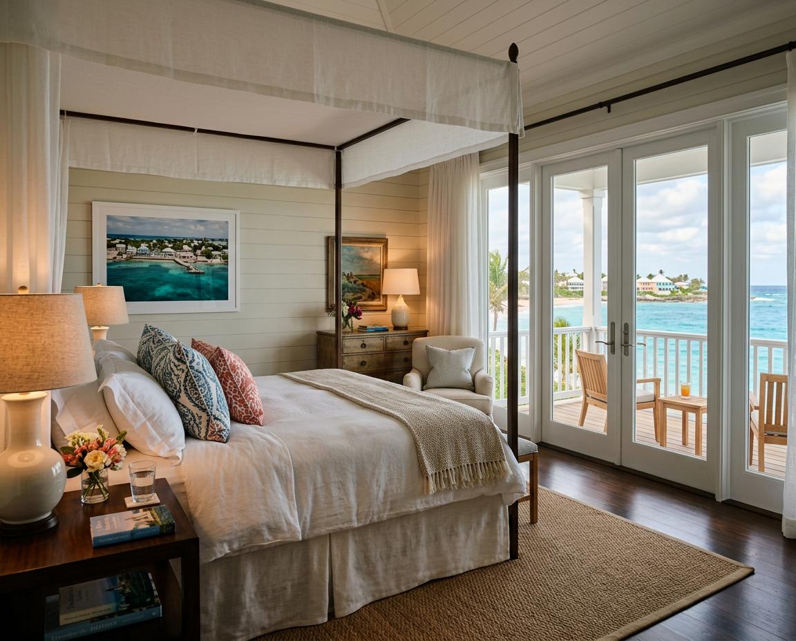 Elegant bedroom with soft lighting and ocean view windows in a luxury villa in Dunmore Town, featuring tasteful decor.