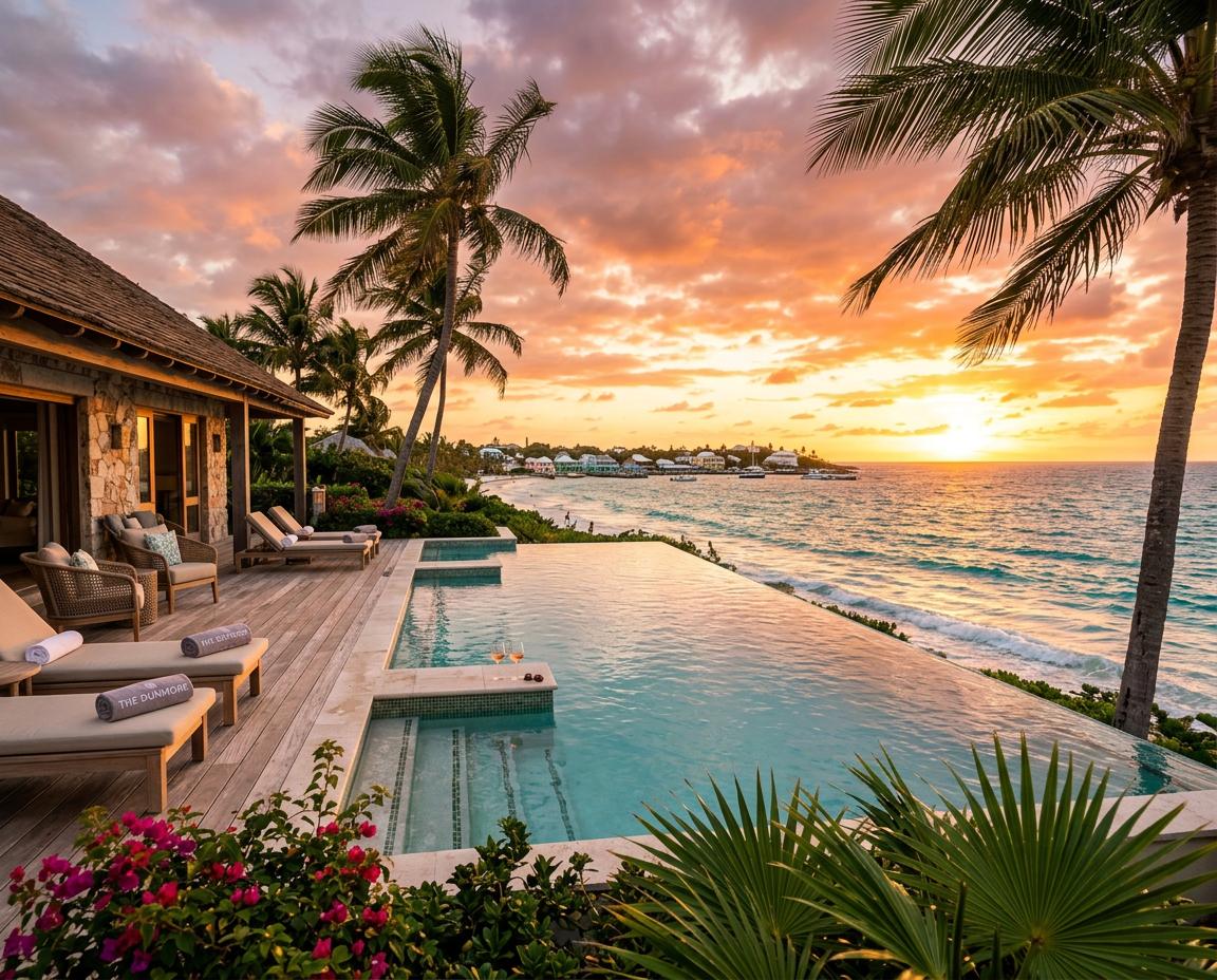 Luxurious infinity pool at golden hour with sparkling ocean views and palm trees, located in a private villa in Dunmore Town.