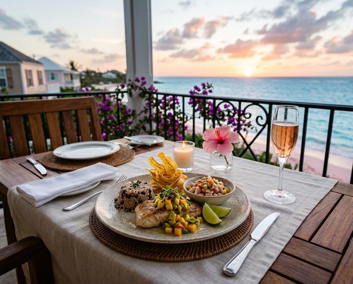 Plated Bahamian dish on a dining table set on a patio with ocean views, showcasing a refined dining experience in Dunmore Town.