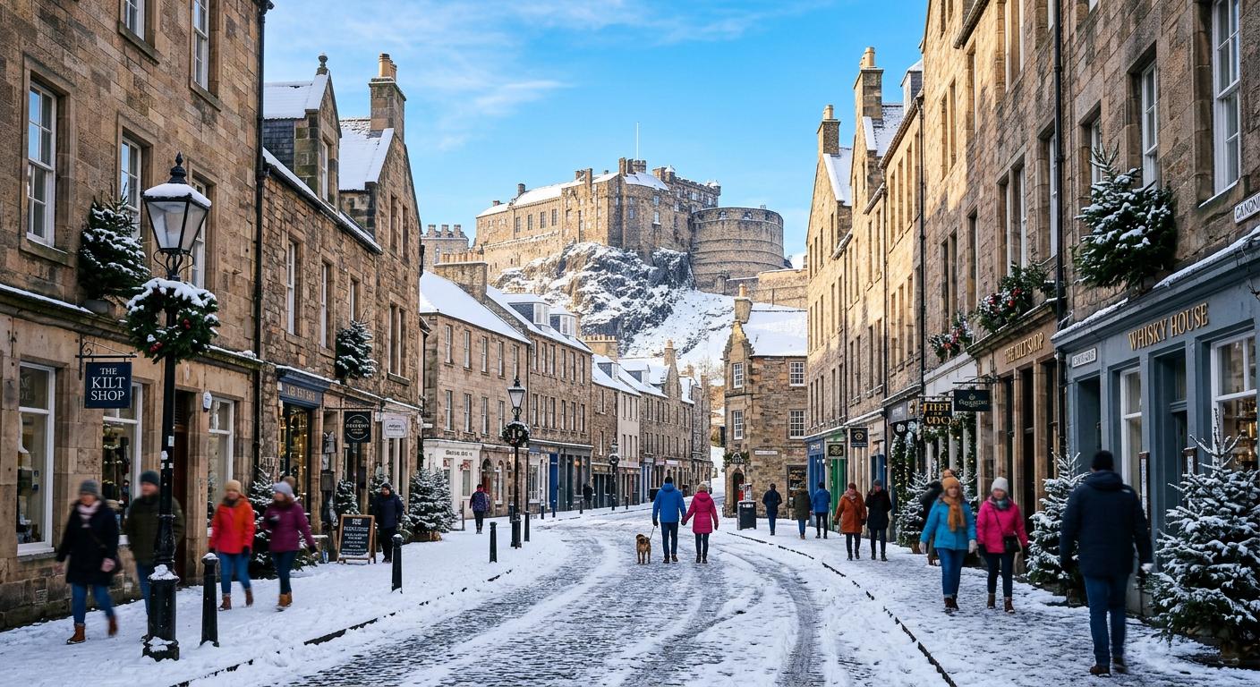Winter landscape of Edinburgh streets with fresh snow and clear blue sky, perfect for exploring the city's charm.