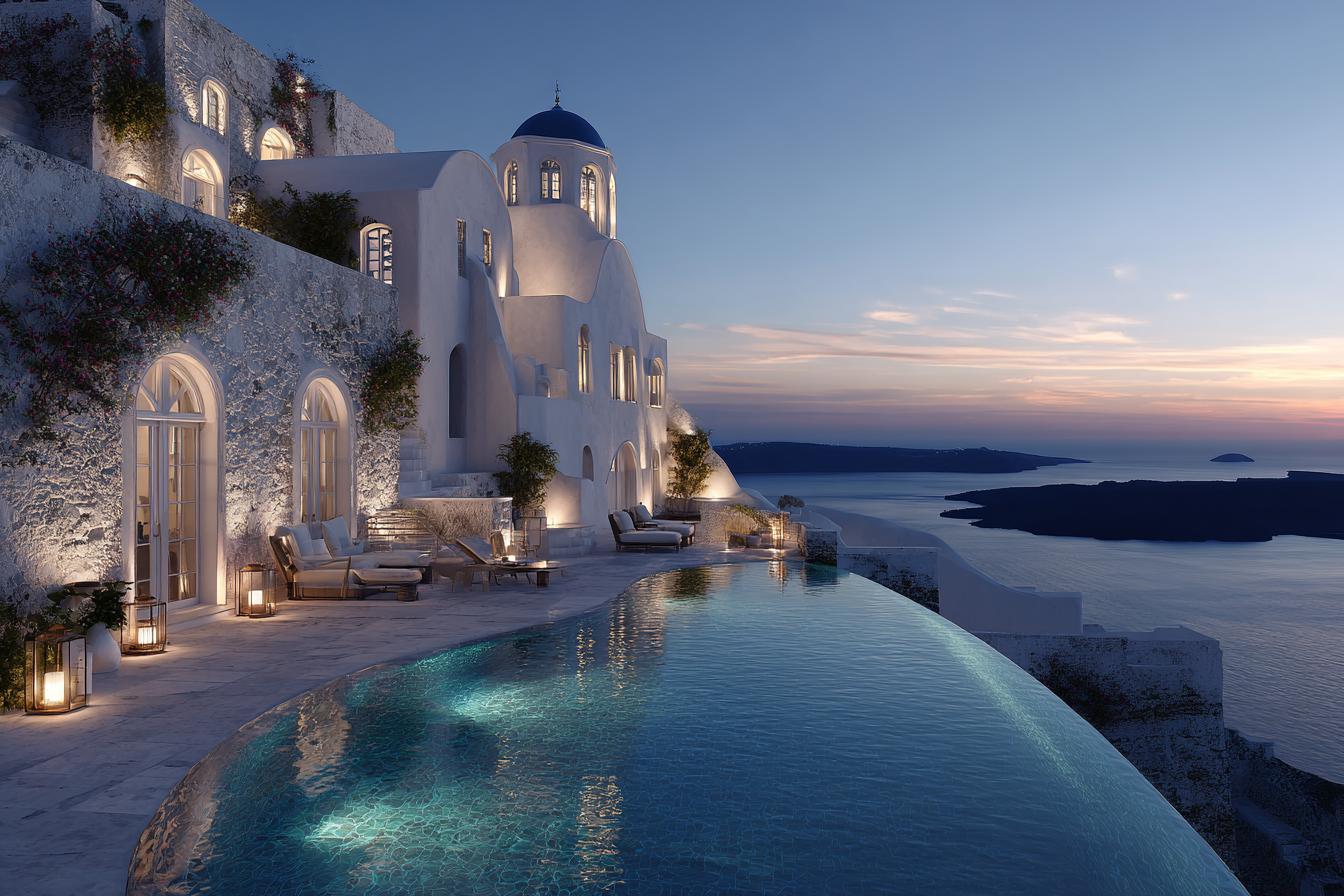 Romantic cliffside villa in santorini whitewashed, Greece