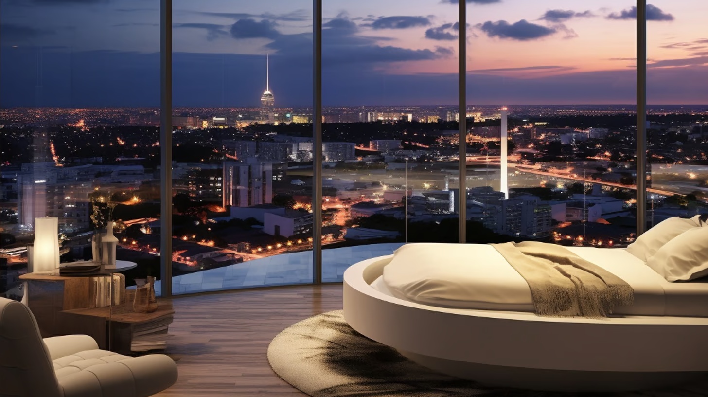 Tranquil bedroom with a vibrant city skyline view Tranquil bedroom with a vibrant city skyline view