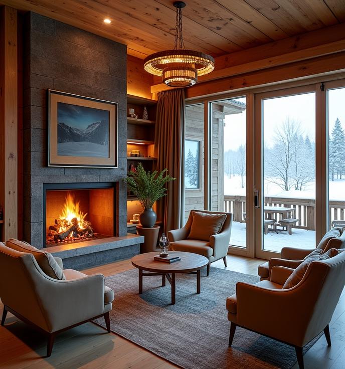 Cozy ski lodge interior with a fireplace and rustic Greenlandic decor, creating a warm atmosphere for post-adventure relaxation. Cozy ski lodge interior with a fireplace and rustic Greenlandic decor, creating a warm atmosphere for post-adventure relaxation.