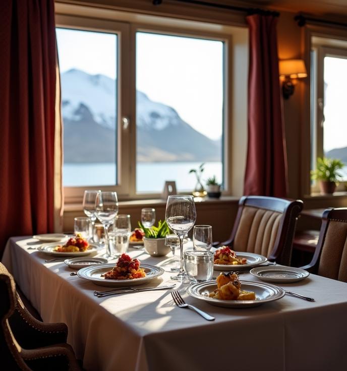 Traditional Greenlandic dining experience with mountain views, featuring gourmet dishes inspired by local cuisine in a cozy restaurant. Traditional Greenlandic dining experience with mountain views, featuring gourmet dishes inspired by local cuisine in a cozy restaurant.