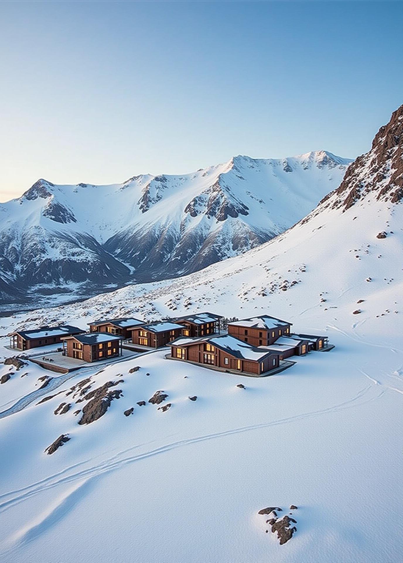 Distinguished alpine resort in Greenland among spectacular snow-capped mountains, ideal for luxury and adventure seekers. Distinguished alpine resort in Greenland among spectacular snow-capped mountains, ideal for luxury and adventure seekers.