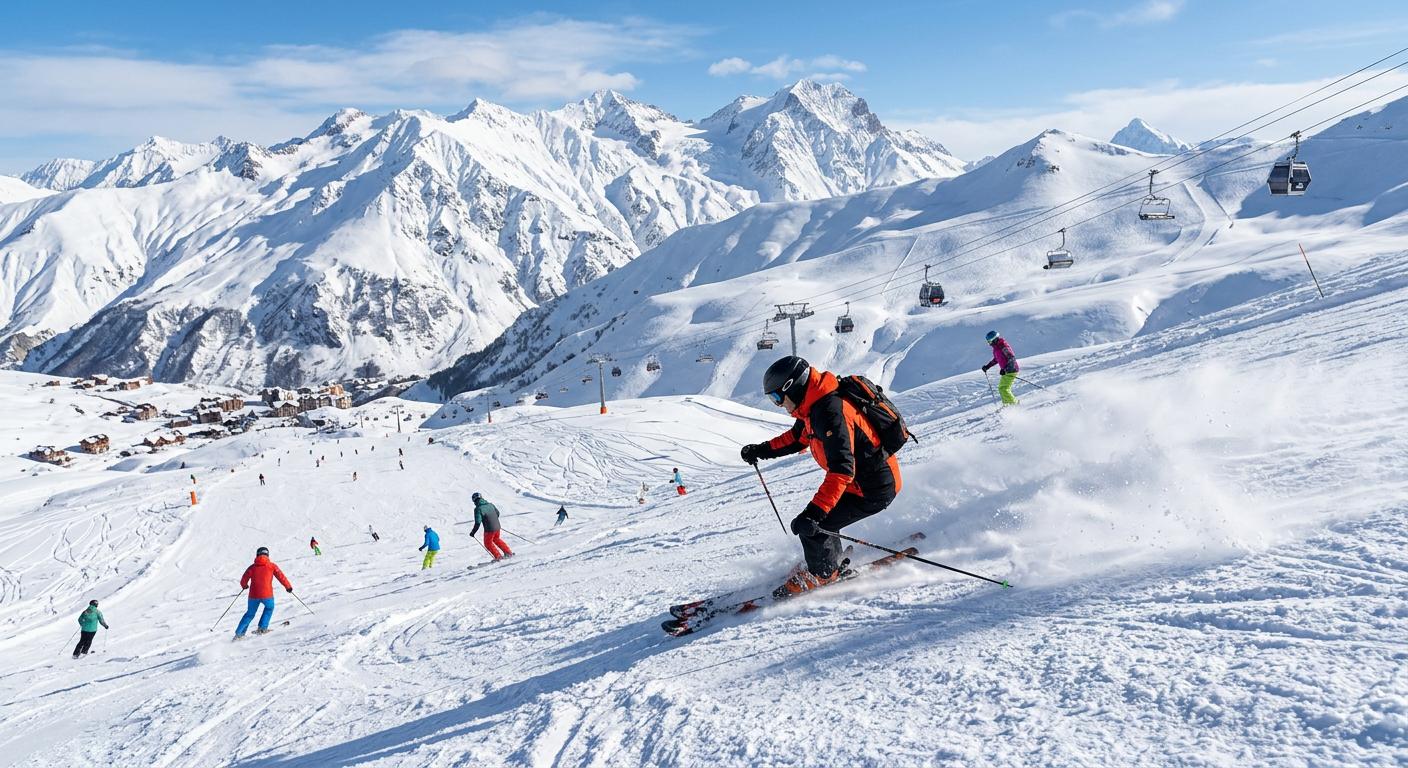 Skiers enjoying pristine slopes in Gudauri with beautiful mountain backdrop showcasing an exciting ski scene.