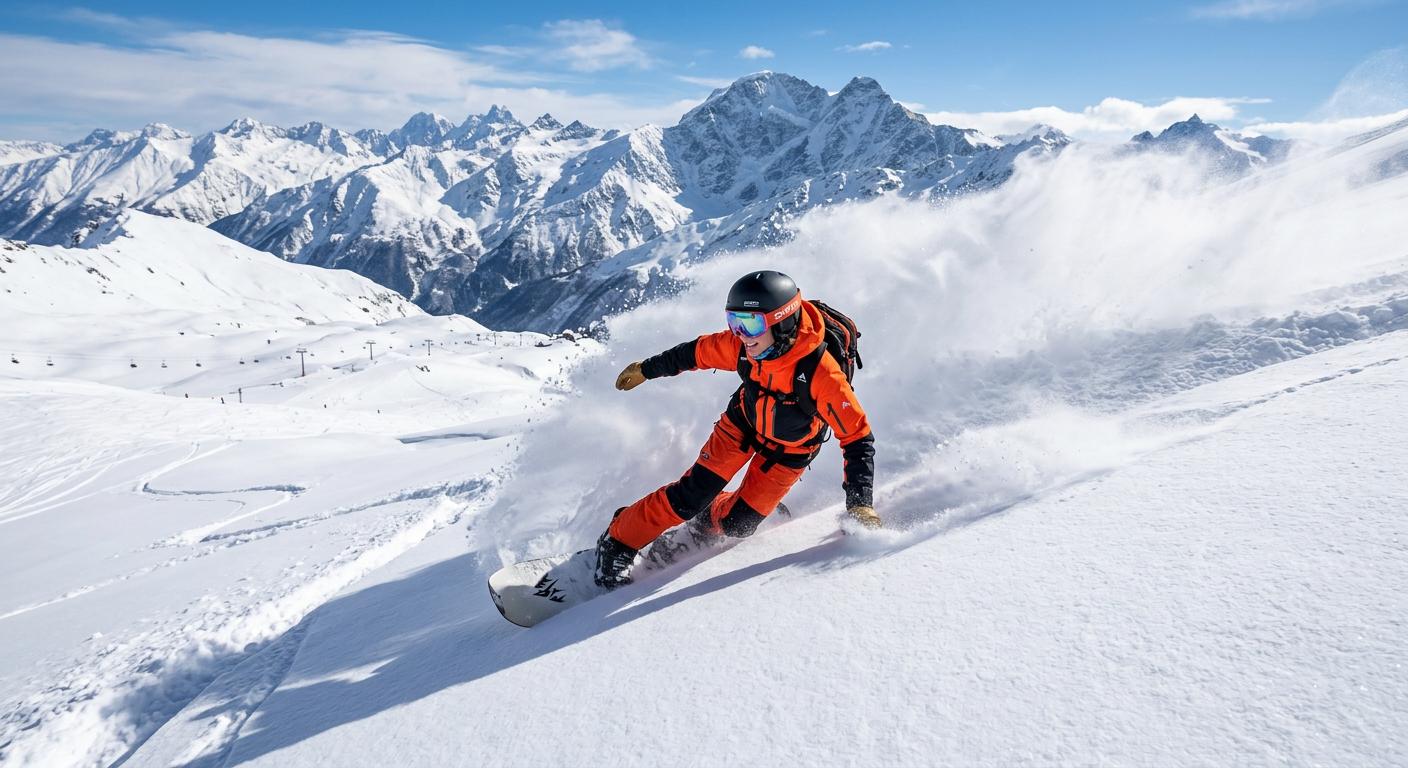 Snowboarding on fresh powder in Gudauri, featuring spectacular mountain views and thrilling winter sports action.