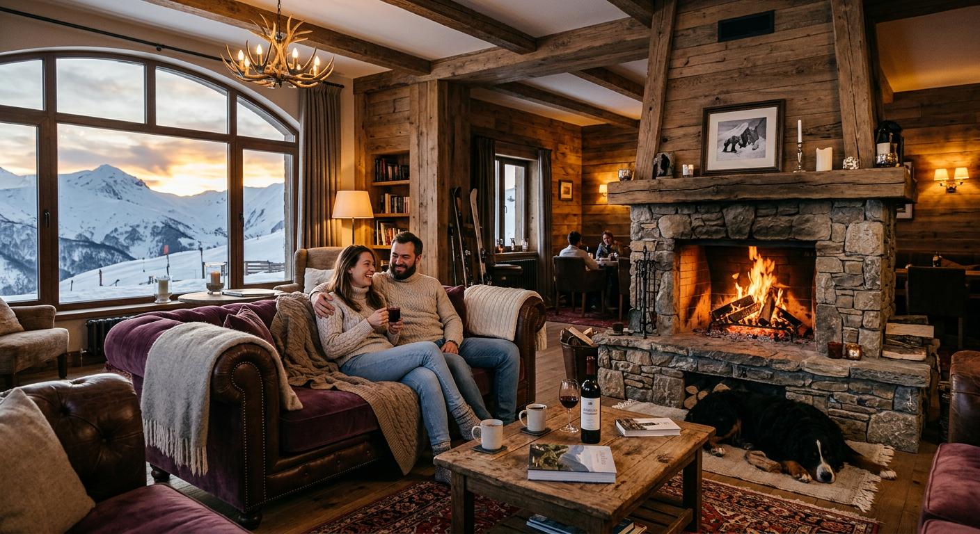 Luxurious ski lodge interior in Gudauri with a warm fireplace and cozy atmosphere, emphasizing alpine design.