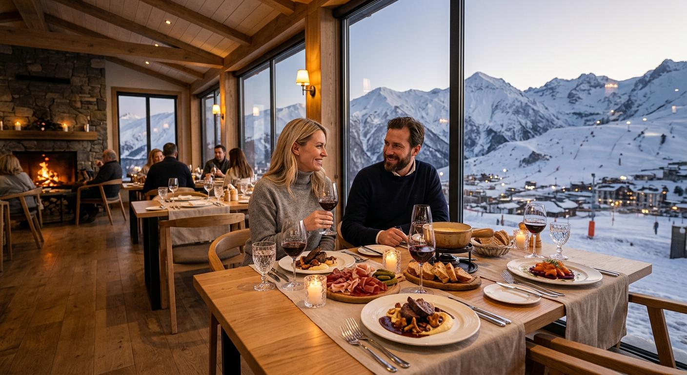 Gourmet alpine cuisine with mountain views in an elegant restaurant in Gudauri, ideal for après-ski dining.