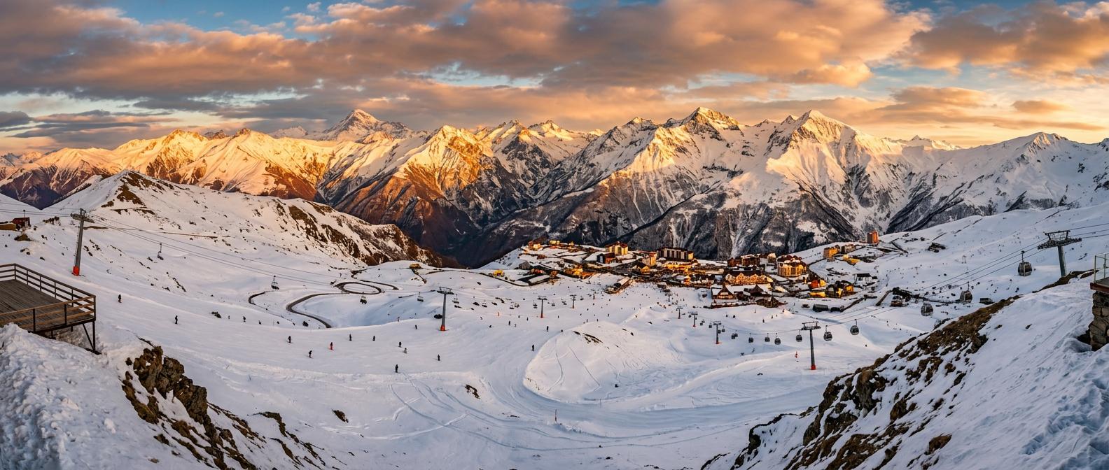 Panoramic view of Gudauri ski resort at golden hour, showcasing snow-capped peaks and pristine slopes under dramatic lighting.
