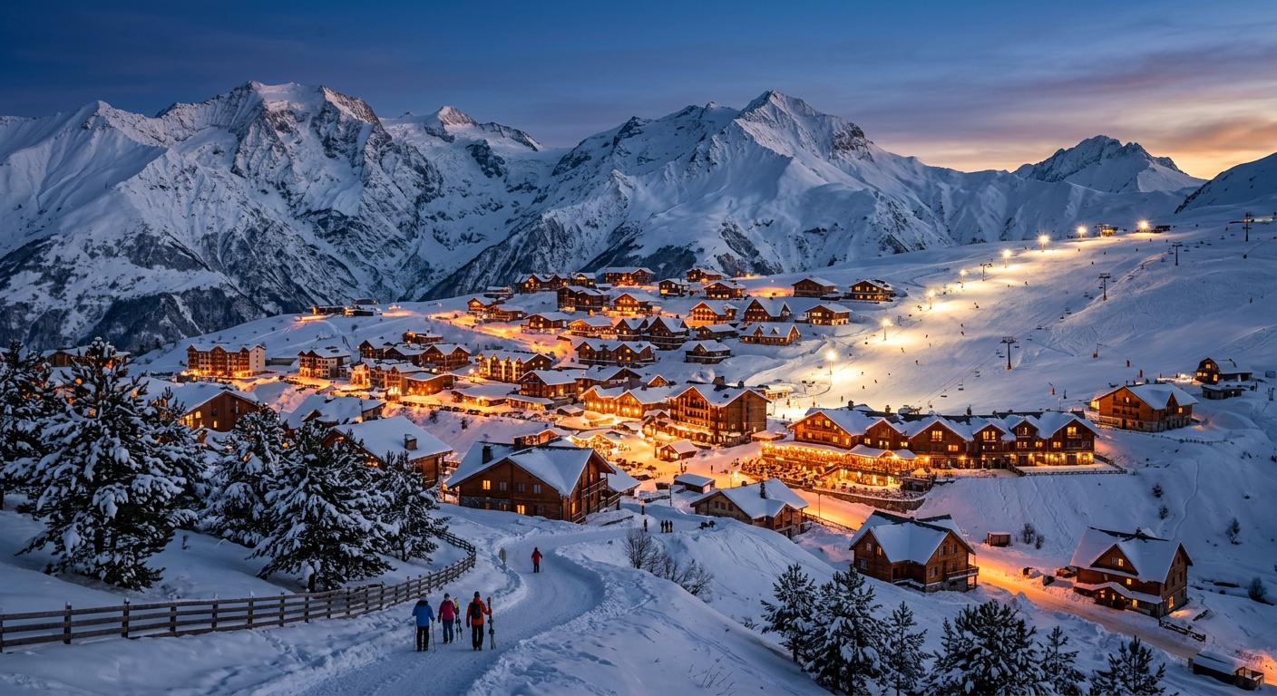 Gudauri ski village in snow-covered mountains, featuring cozy chalets glowing warm lights at twilight.