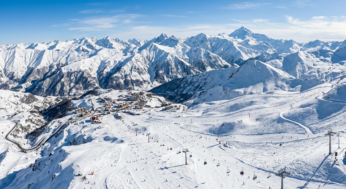 Aerial view of Gudauri ski slopes and mountain ridges with dramatic winter scenery and perfect weather.