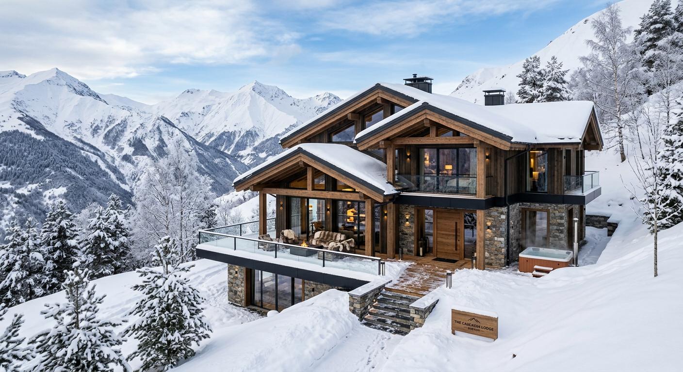 Exterior of an exclusive luxury ski chalet in Gudauri, showcasing premium architecture in a snow-covered setting.