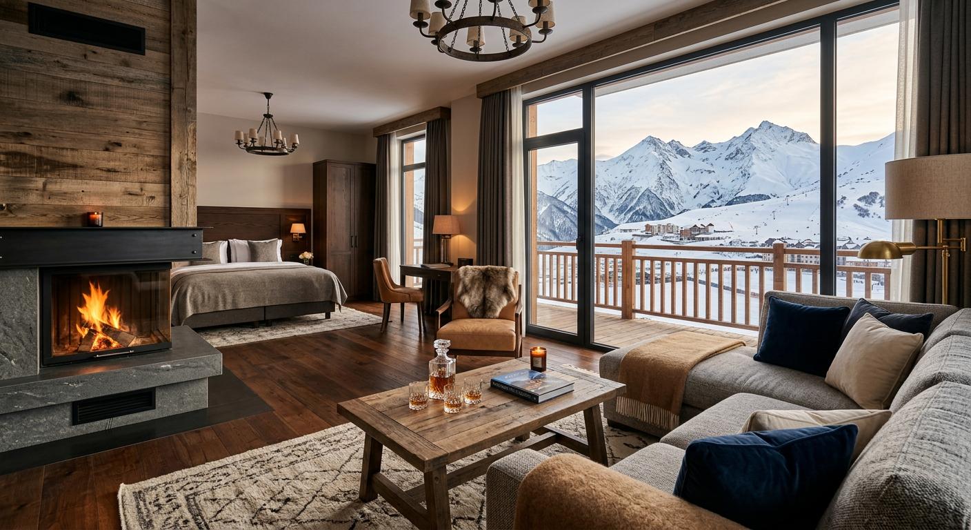 Elegant luxury suite interior in Gudauri with premium furnishings and breathtaking mountain views.