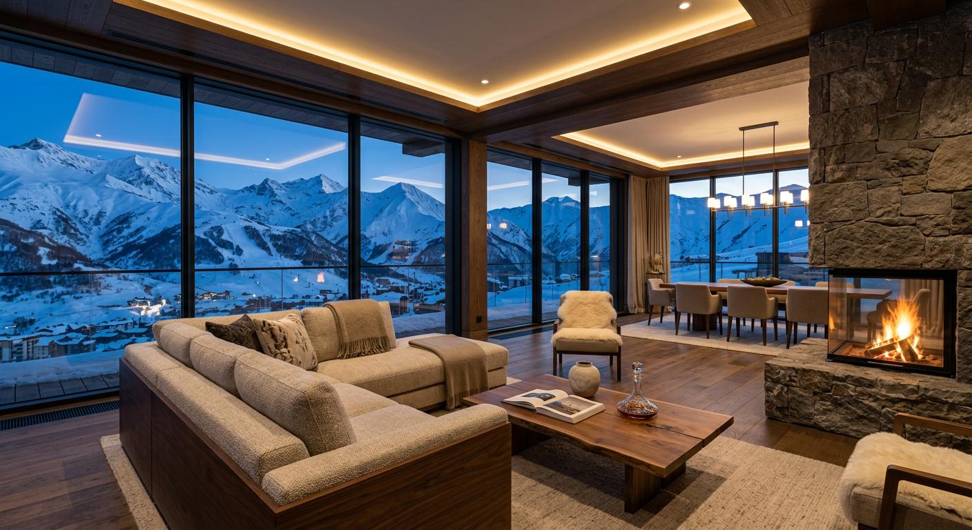 High-end mountain penthouse in Gudauri with panoramic views and elegant design from floor-to-ceiling windows.