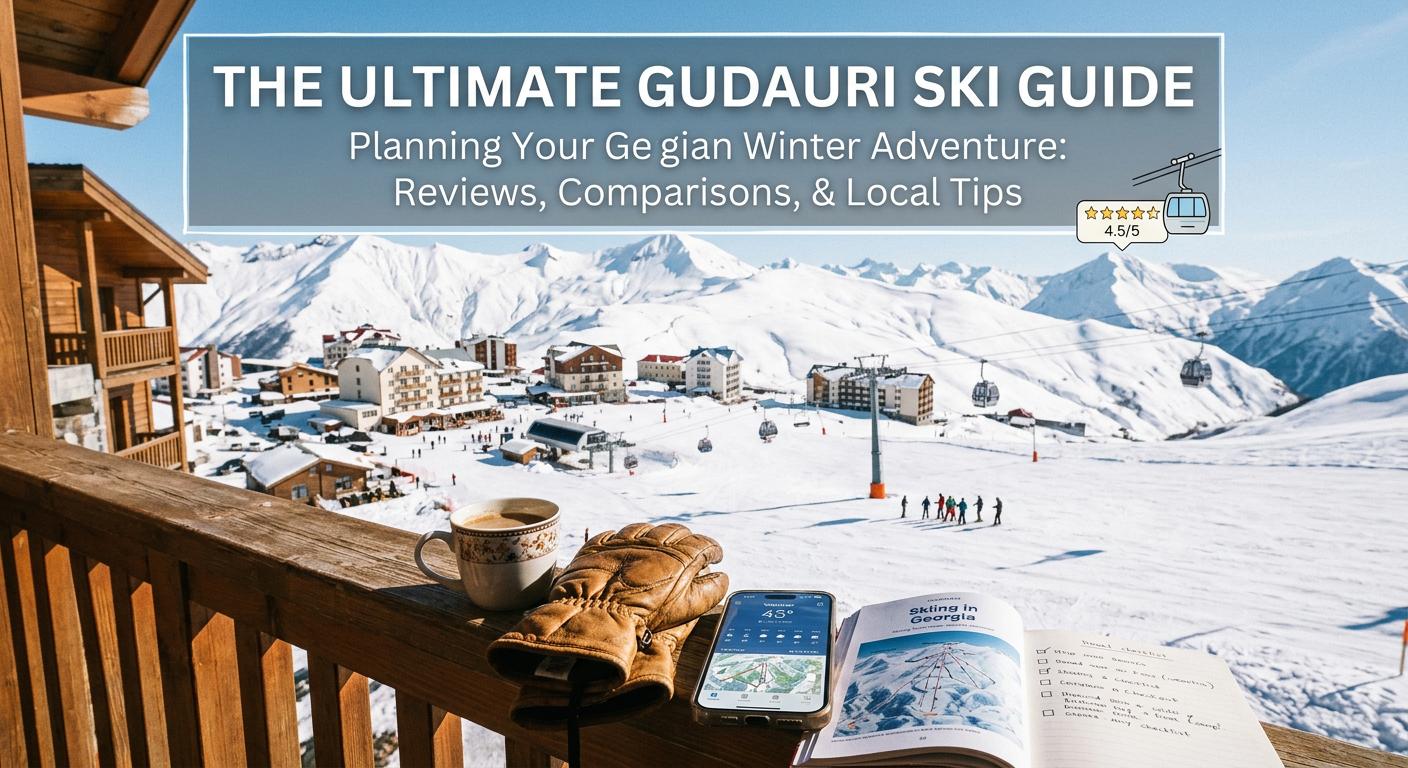 Ski destination guide image featuring resort comparison and reviews in a winter travel blog style from Gudauri.