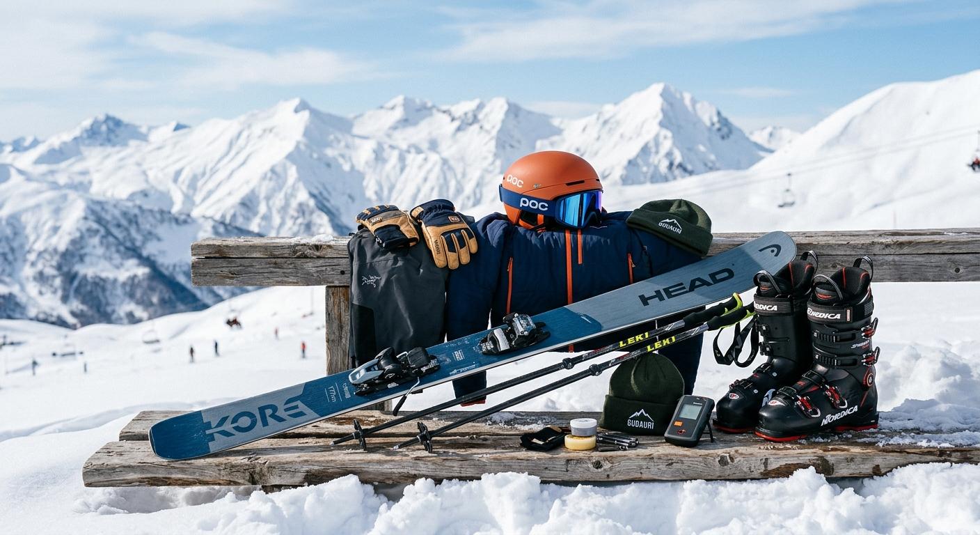 Blog image showcasing ski equipment with gear review photography professionally captured in Gudauri.