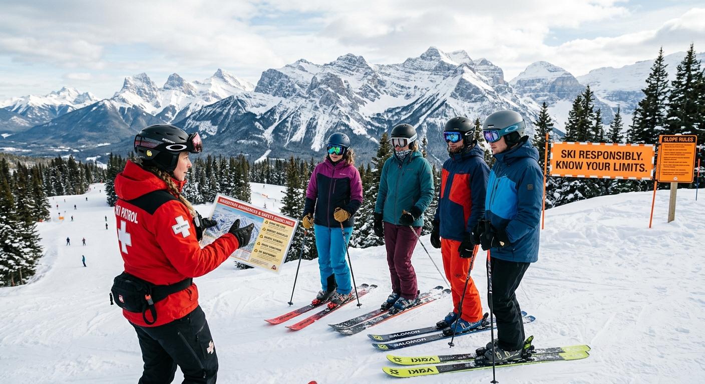 Winter safety blog image focusing on mountain awareness photography promoting responsible skiing practices.