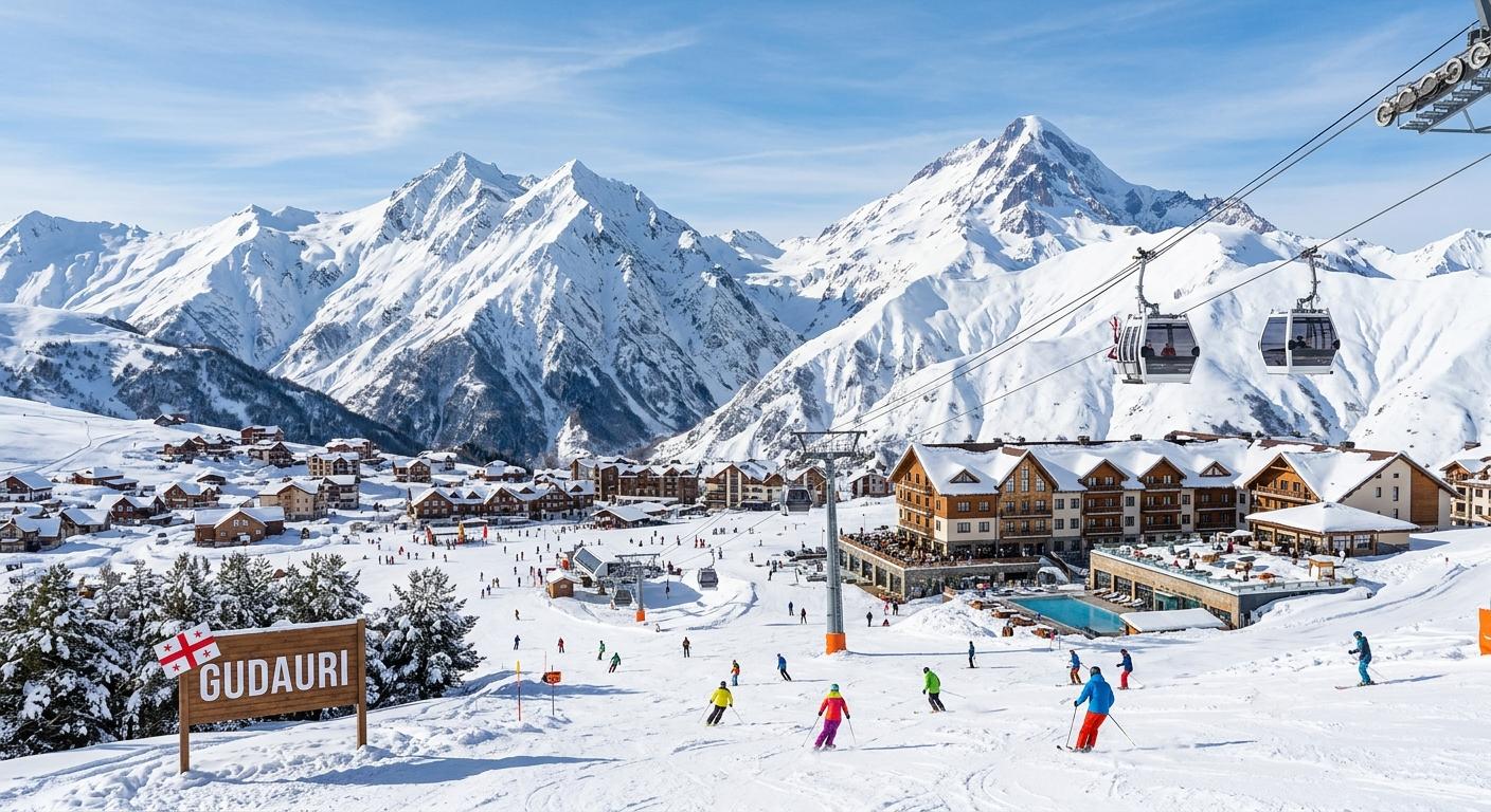 Famous alpine destination in Gudauri with breathtaking peaks and luxury ski resort amenities, captured in professional winter tourism photography.