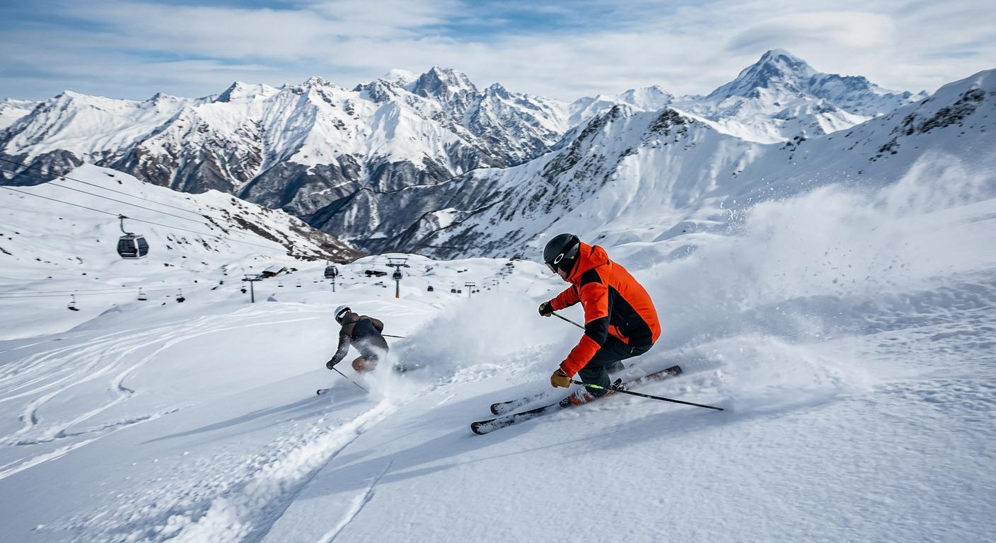 Skiers carving through pristine snow at Gudauri, with breathtaking mountain scenery creating an exhilarating winter sports experience.