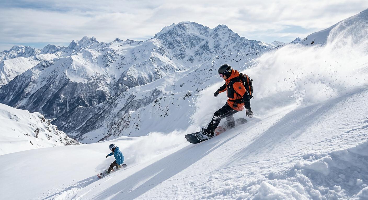Snowboarders enjoying fresh powder in Gudauri, against a backdrop of spectacular alpine scenery, capturing thrilling winter action.