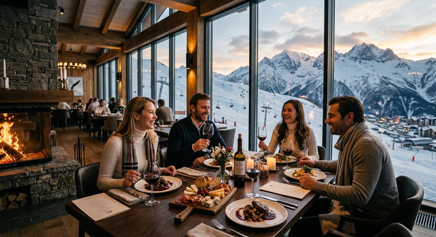 Gourmet dining experience in Gudauri, featuring an elegant setting with mountain views and exquisite alpine cuisine after skiing.