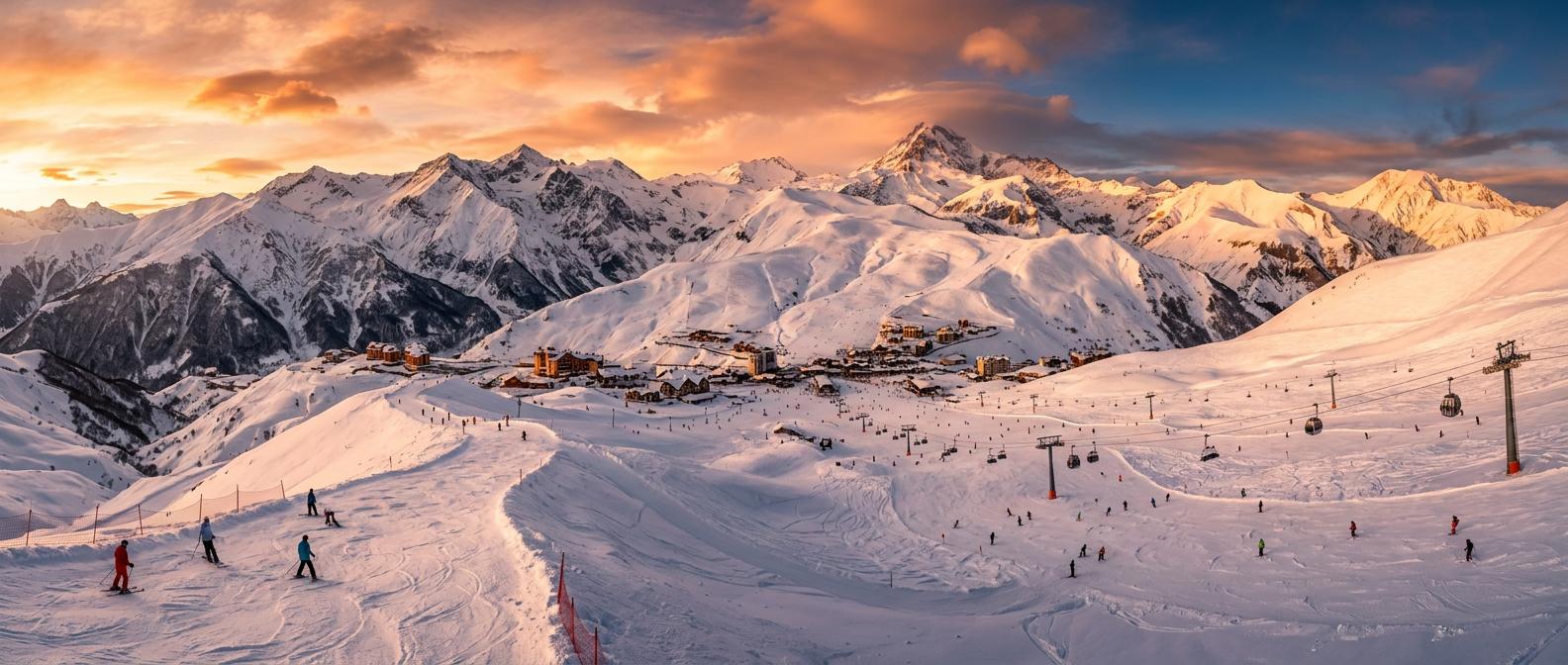 Panoramic view of Gudauri Ski Resort at golden hour, highlighting snow-capped peaks and glistening slopes in stunning winter light.